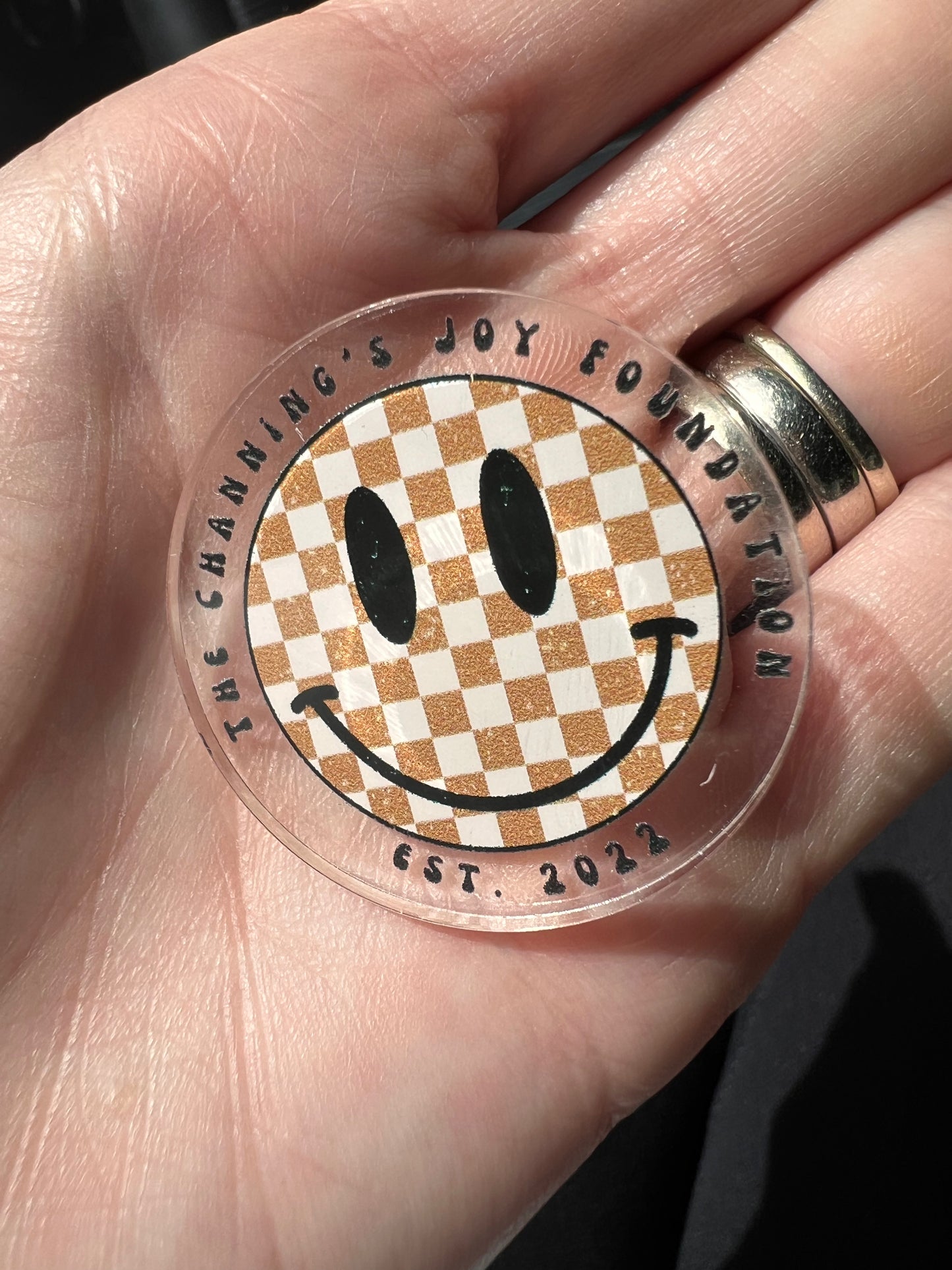 Checked Channing’s Joy Acrylic Pin