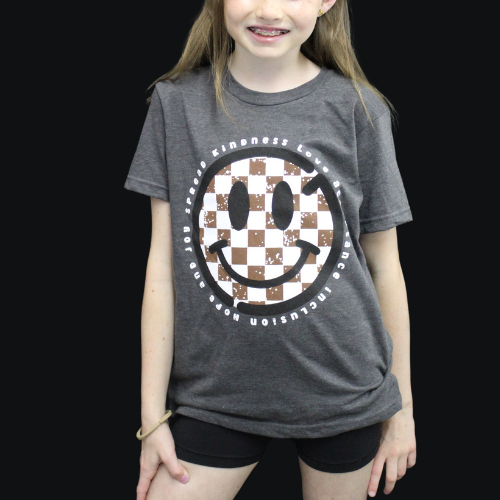 Kids Checkered Smiley Tee - Dark Grey