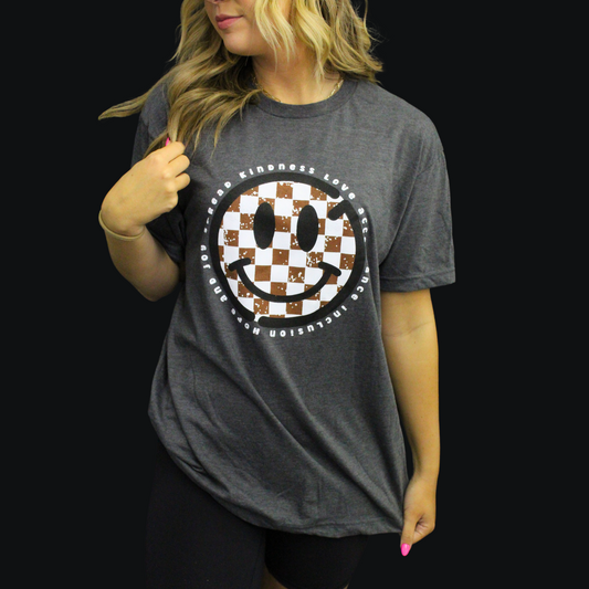 Checkered Smiley Adult Tee - Charcoal