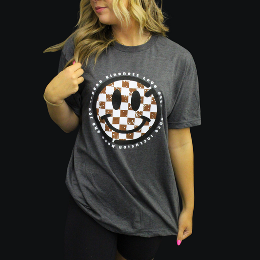 Checked Smiley Adult Tee - Charcoal